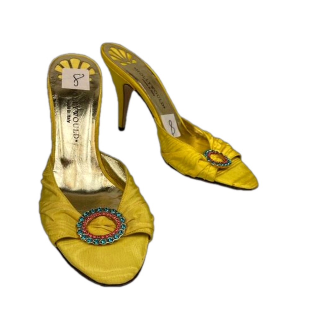 Hollywould Yellow Taffeta Rhinestone Open toe heel Size 8